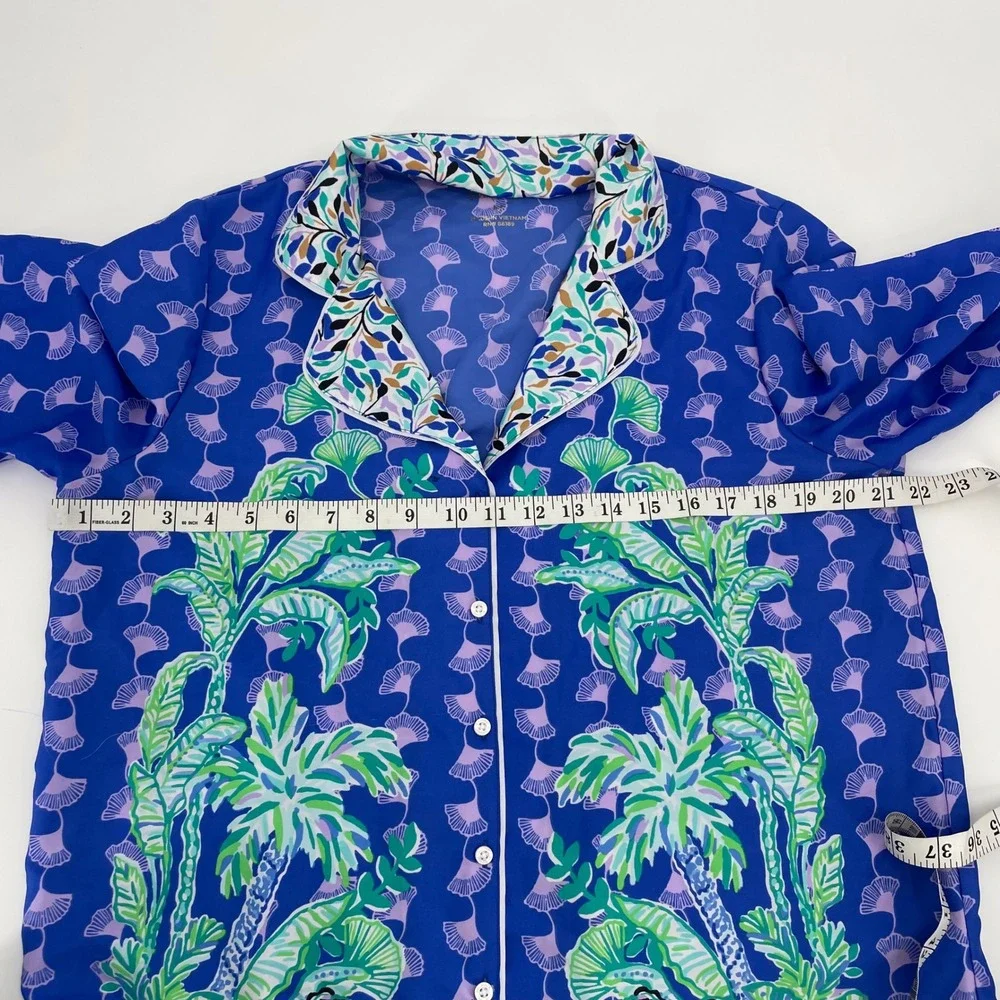 Lilly Pulitzer Winona PJ Top M Ginkgo Party Blue Purple Silky Satin Pajama Shirt